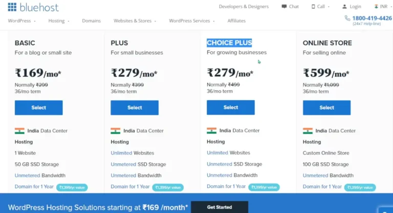 Choose Bluehost offers various hosting plans